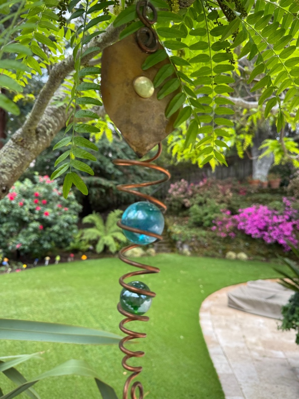 Artisan Copper Spiral Wind Twirler with Blue Glass Orbs